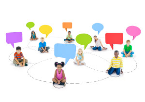 Multi-Ethnic Children Connected and Empty Speech Bubbles Above